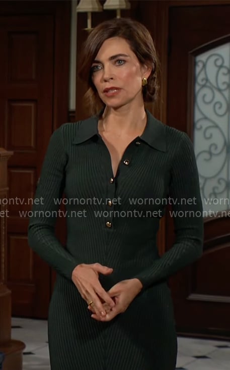 Victoria's dark green rib knit dress with gold buttons on The Young and the Restless