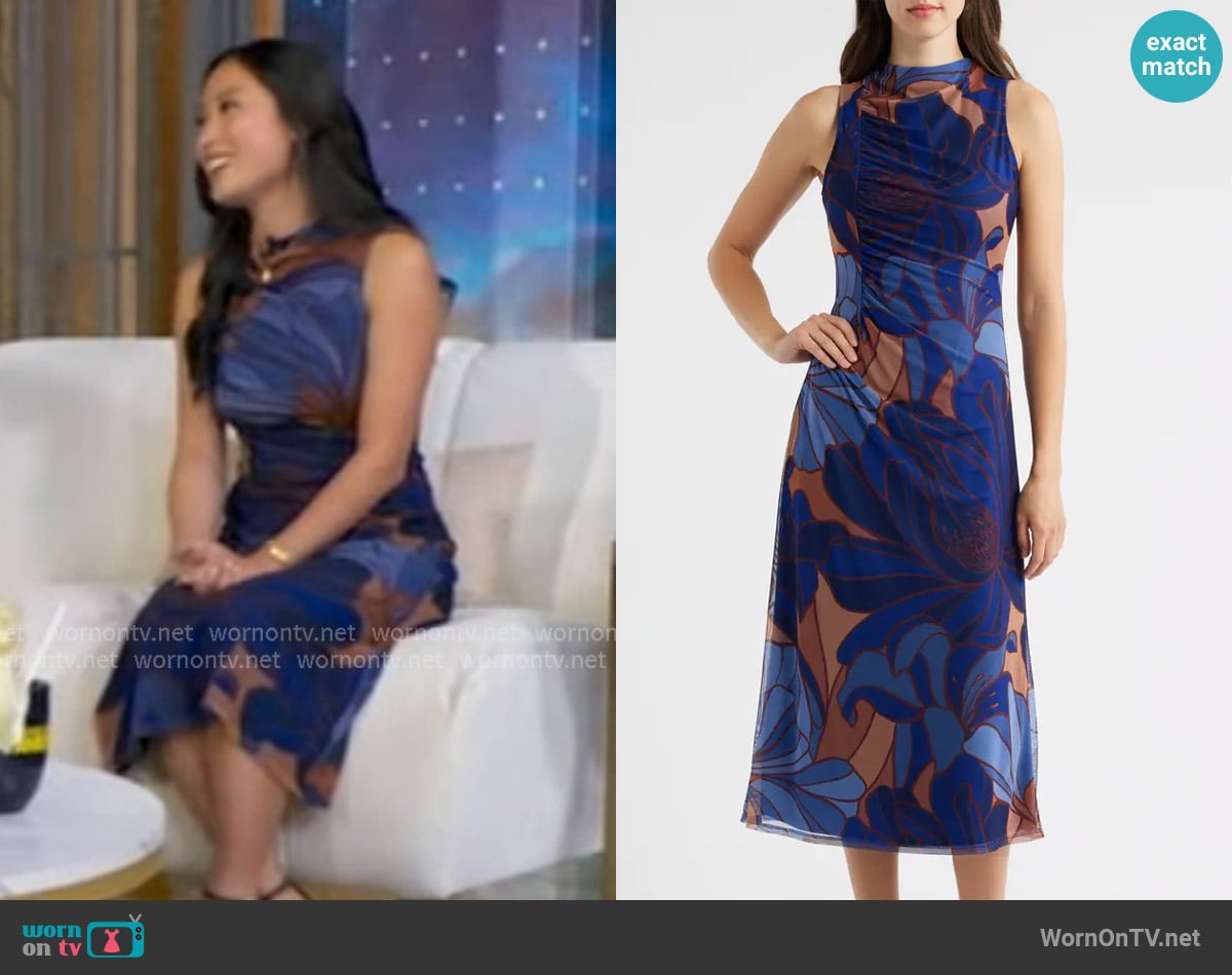 Vince Camuto Ruched Sleeveless Mesh Midi Dress worn by Christina Li on Good Morning America Vince Camuto Ruched Sleeveless Mesh Midi Dress worn by Christina Li on Good Morning America