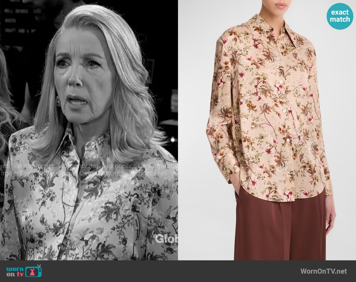 Vince Orchid Vine Silk Long-Sleeve Blouse worn by Nikki Reed Newman (Melody Thomas-Scott) on The Young and the Restless Vince Orchid Vine Silk Long-Sleeve Blouse worn by Nikki Reed Newman (Melody Thomas-Scott) on The Young and the Restless