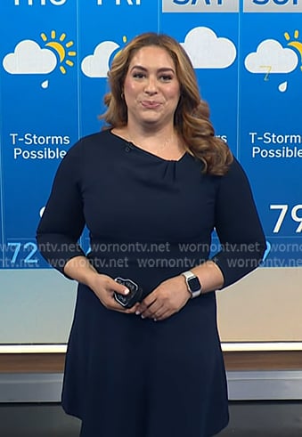 Violeta's navy asymmetric neck flare dress on NBC News Daily