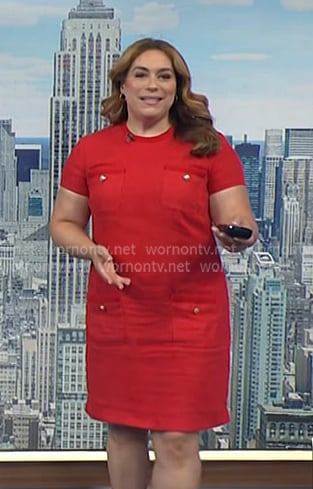 Violeta’s red patch pocket shift dress on NBC News Daily