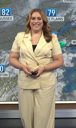 Violeta’s yellow short sleeve blazer and wide-leg pants on NBC News Daily Violeta’s yellow short sleeve blazer and wide-leg pants on NBC News Daily