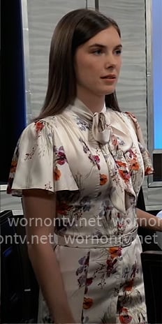 Willow’s floral tie-neck dress on General Hospital Willow’s floral tie-neck dress on General Hospital