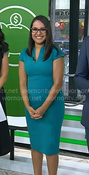 Yanely Espinal’s teal blue v-neck sheath dress on Today Yanely Espinal’s teal blue v-neck sheath dress on Today