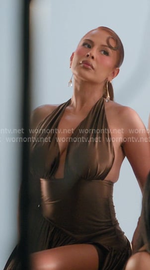 Yris’s brown satin dress on The Girls A Khloe Kardashian Project Yris’s brown satin dress on The Girls A Khloe Kardashian Project