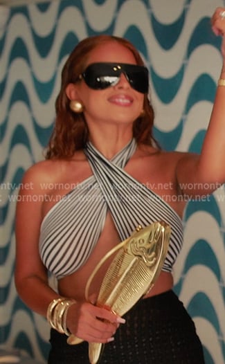 Yris’s striped cross halter swimsuit on The Girls A Khloe Kardashian Project Yris’s striped cross halter swimsuit on The Girls A Khloe Kardashian Project