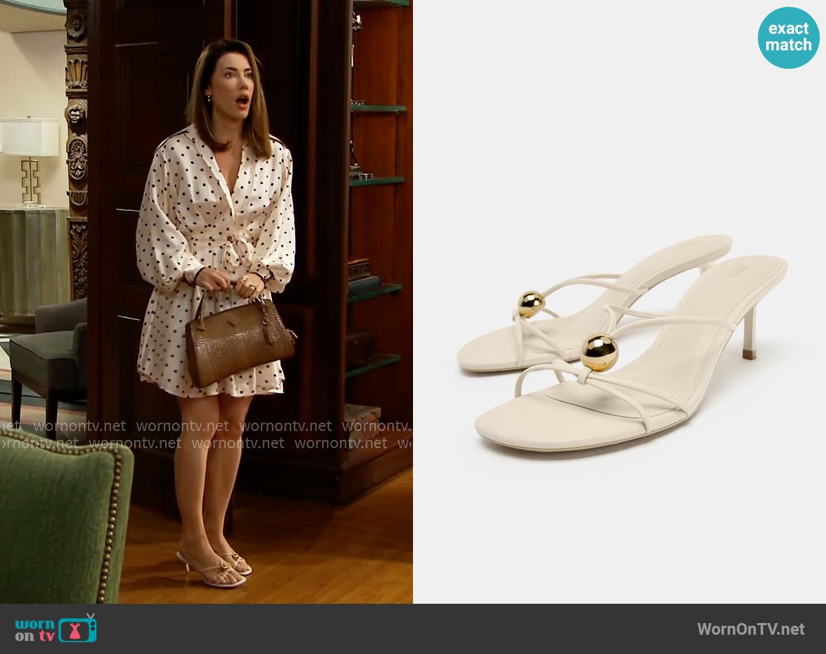 Zara Metallic Applique Heeled Sandals worn by Steffy Forrester (Jacqueline MacInnes Wood) on The Bold and the Beautiful Zara Metallic Applique Heeled Sandals worn by Steffy Forrester (Jacqueline MacInnes Wood) on The Bold and the Beautiful