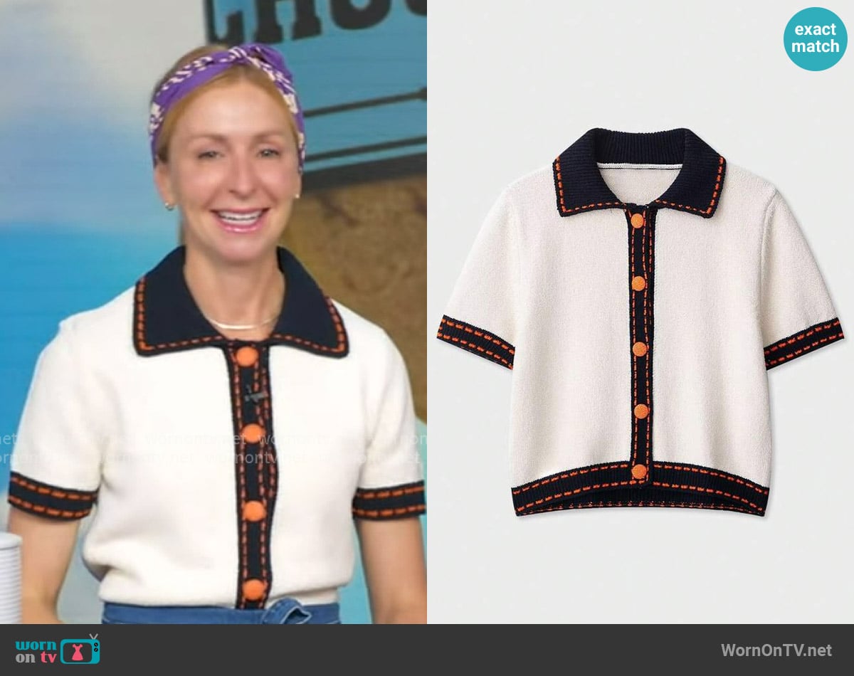Zara Short Sleeve Stitched Knit Cardigan in Ecru worn by Christina Tosi on Good Morning America