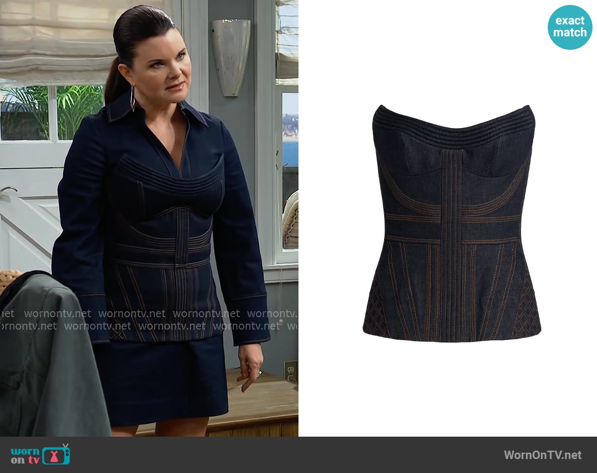 Zimmermann Denim Corset Top worn by Katie Logan (Heather Tom) on The Bold and the Beautiful Zimmermann Denim Corset Top worn by Katie Logan (Heather Tom) on The Bold and the Beautiful