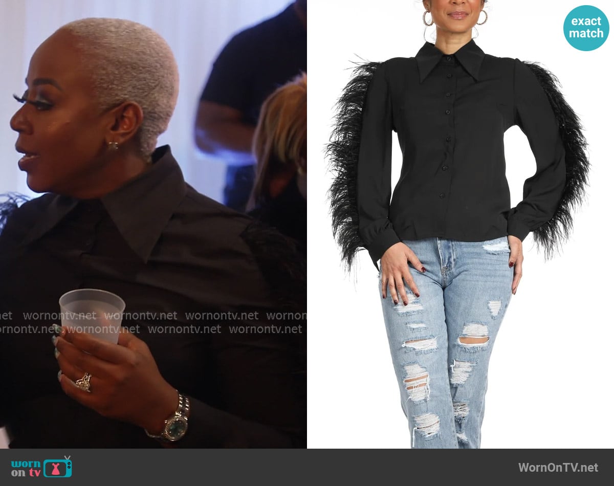 Zoe + Lowe Black Fringe Feather Blouse worn by Pinky Cole on The Real Housewives of Atlanta Zoe + Lowe Black Fringe Feather Blouse worn by Pinky Cole on The Real Housewives of Atlanta