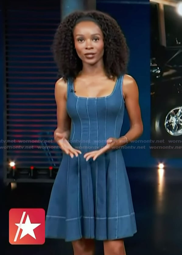 Zuri’s denim stitch front mini dress on Access Hollywood