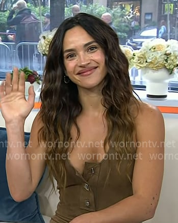 Adria Arjona’s brown sleeveless suede dress on Today Adria Arjona’s brown sleeveless suede dress on Today