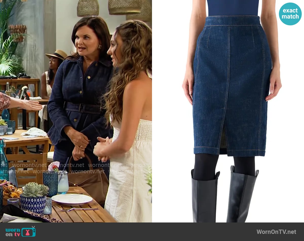 Akris Punto High Waist Denim Pencil Skirt worn by Katie Logan (Heather Tom) on The Bold and the Beautiful Akris Punto High Waist Denim Pencil Skirt worn by Katie Logan (Heather Tom) on The Bold and the Beautiful
