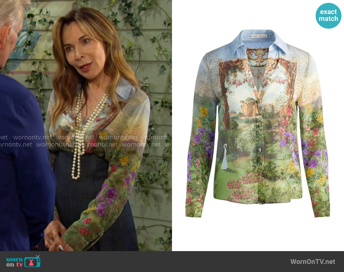 Alice +Olivia Dusk to Dawn Eloise Button-Front Blouse worn by Kate Roberts (Lauren Koslow) on Days of our Lives Alice +Olivia Dusk to Dawn Eloise Button-Front Blouse worn by Kate Roberts (Lauren Koslow) on Days of our Lives