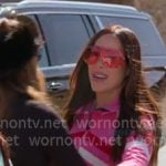Angie’s pink striped ski suit on The Real Housewives of Salt Lake City Angie’s pink striped ski suit on The Real Housewives of Salt Lake City