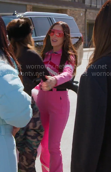 Angie's pink striped ski suit on The Real Housewives of Salt Lake City