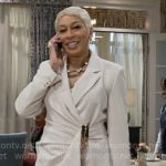 Anita’s wrap jacket with gold detail on Beyond the Gates Anita’s wrap jacket with gold detail on Beyond the Gates