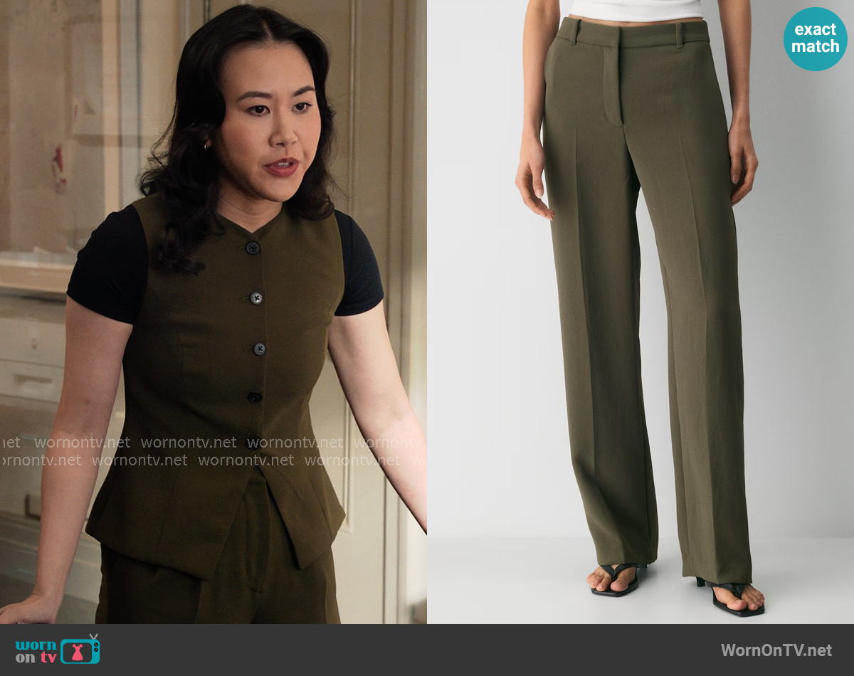Aritzia Agency Pant in Dark Olive worn by Nicole Lee (Ramona Young) on The Paper