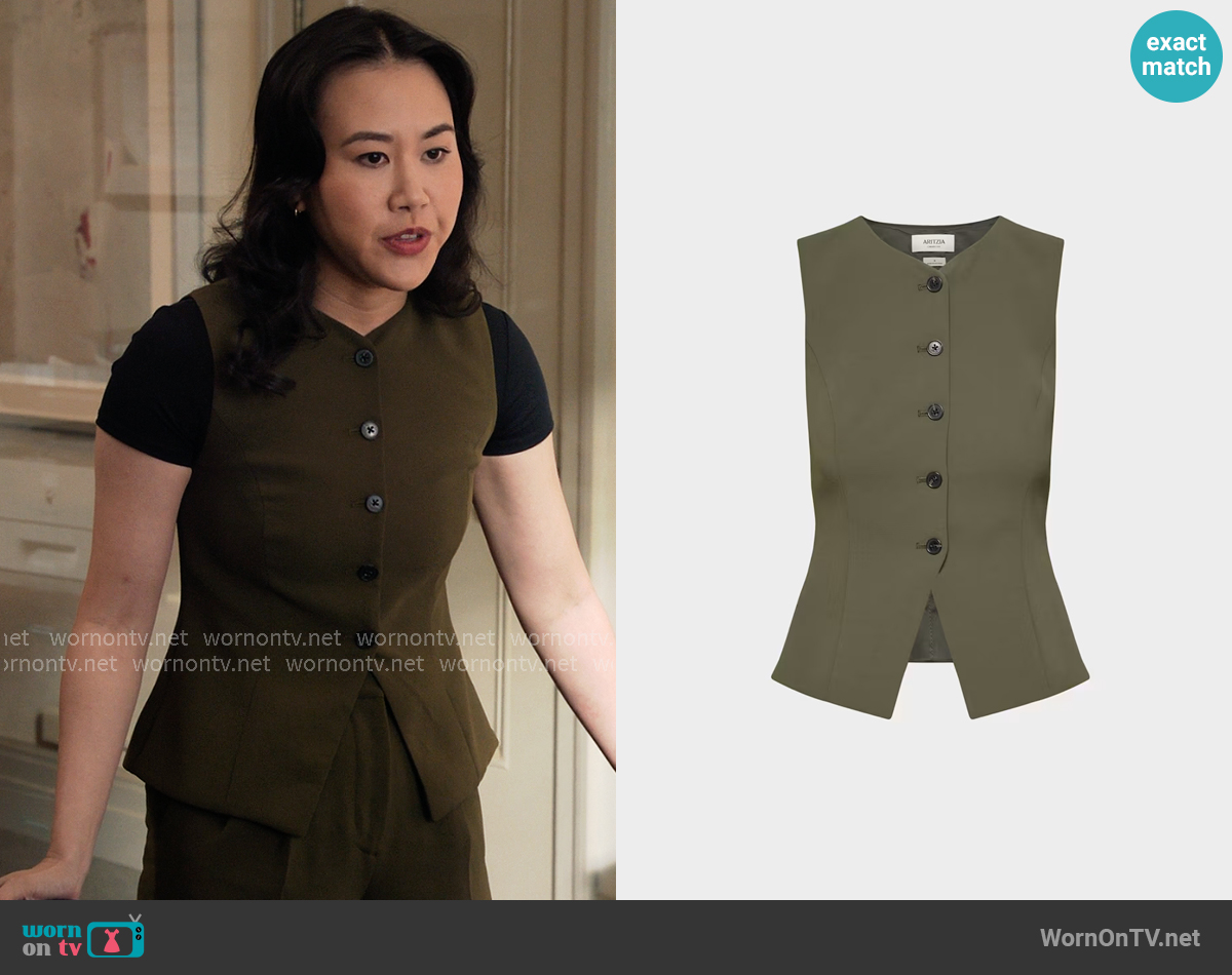 Aritzia Regal Vest in Dark Olive worn by Nicole Lee (Ramona Young) on The Paper
