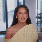 Ashley’s yellow pleated confessional dress on The Real Housewives of Salt Lake City Ashley’s yellow pleated confessional dress on The Real Housewives of Salt Lake City