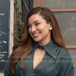 Audra’s teal green pinstripe shirt and pants set on The Young and the Restless