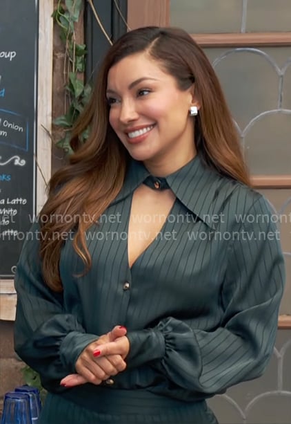 Audra's teal green pinstripe shirt and pants set on The Young and the Restless