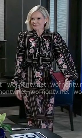 Ava’s black floral tie neck blouse and skirt set on General Hospital