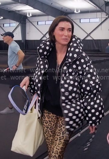 Bronwyn’s black polka dot puffer jacket on The Real Housewives of Salt Lake City