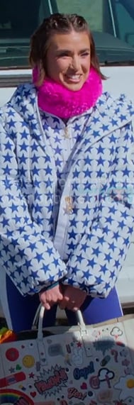 Bronwyn’s blue star print ski jacket and pants on The Real Housewives of Salt Lake City Bronwyn’s blue star print ski jacket and pants on The Real Housewives of Salt Lake City