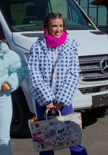 Bronwyn’s blue star print ski jacket and pants on The Real Housewives of Salt Lake City