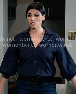 Brook-Lynn’s navy puff-sleeve top on General Hospital Brook-Lynn’s navy puff-sleeve top on General Hospital