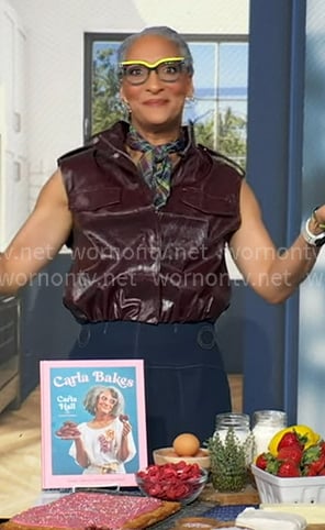 Carla Hall’s burgundy leather vest on Good Morning America Carla Hall’s burgundy leather vest on Good Morning America