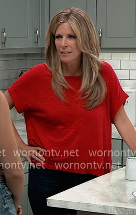 Carly’s red short-sleeve top on General Hospital Carly’s red short-sleeve top on General Hospital
