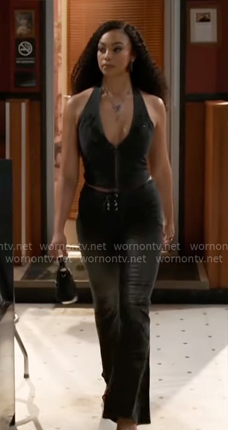 Chelsea’s black embellished denim halter top and pants set on Beyond the Gates Chelsea’s black embellished denim halter top and pants set on Beyond the Gates