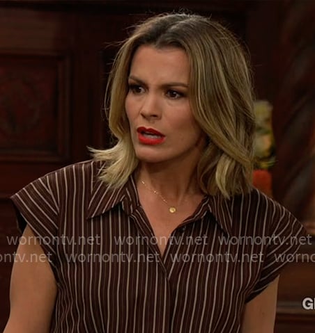 Chelsea’s brown striped shirtdress on The Young and the Restless Chelsea’s brown striped shirtdress on The Young and the Restless