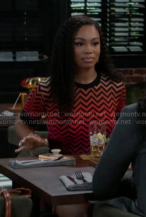 Chelsea’s red ombre chevron stripe top and skirt set on Beyond the Gates