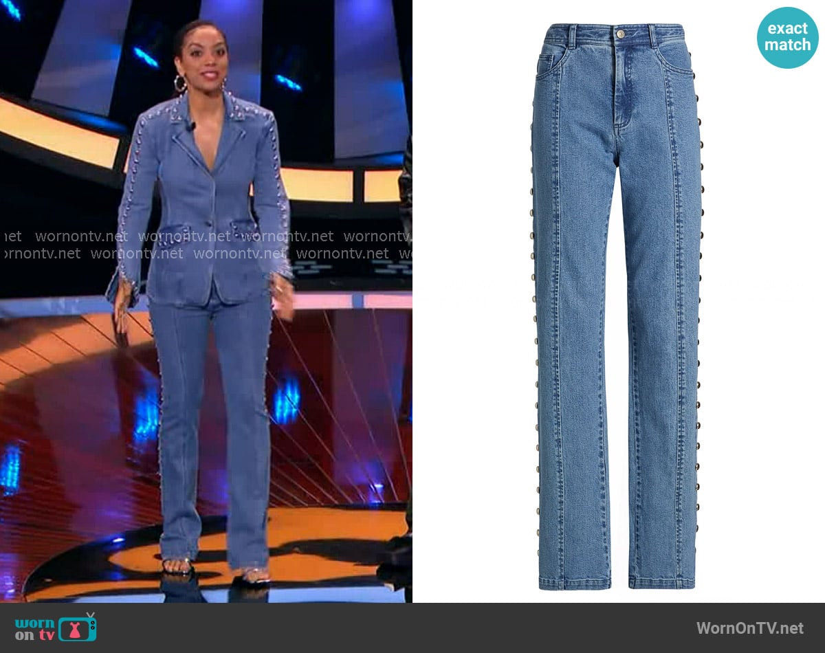 Cinq a Sept Shailene Studded Flare Jeans worn by Corinne Foxx on Beat Shazam Cinq a Sept Shailene Studded Flare Jeans worn by Corinne Foxx on Beat Shazam