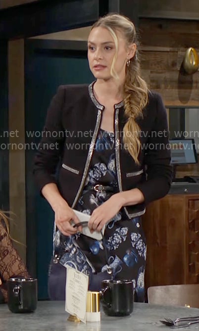 Claire’s blue printed dress and black embellished jacket on The Young and the Restless Claire’s blue printed dress and black embellished jacket on The Young and the Restless