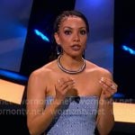 Corinne’s blue sequin strapless top and pants on Beat Shazam Corinne’s blue sequin strapless top and pants on Beat Shazam