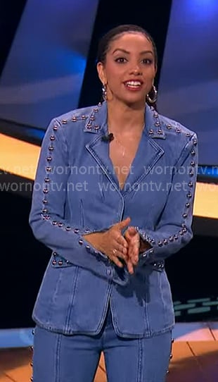Corinne’s studded denim blazer and pants on Beat Shazam Corinne’s studded denim blazer and pants on Beat Shazam