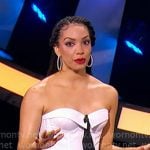 Corinne's white strapless top with black tie on Beat Shazam