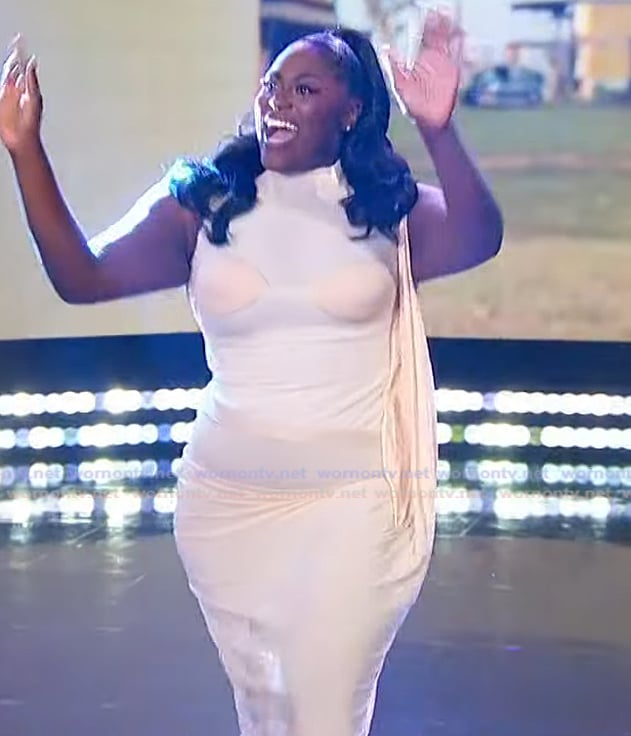 Danielle Brooks’s cream drape sleeveless dress on The Jennifer Hudson Show Danielle Brooks’s cream drape sleeveless dress on The Jennifer Hudson Show