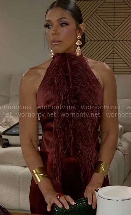 Dani’s burgundy feather top on Beyond the Gates Dani’s burgundy feather top on Beyond the Gates