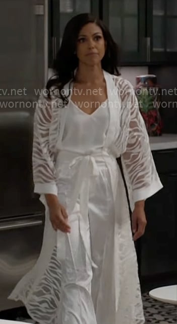 Dani’s white sheer zebra robe on Beyond the Gates Dani’s white sheer zebra robe on Beyond the Gates