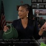 Darlene’s navy wrap dress on Beyond the Gates Darlene’s navy wrap dress on Beyond the Gates