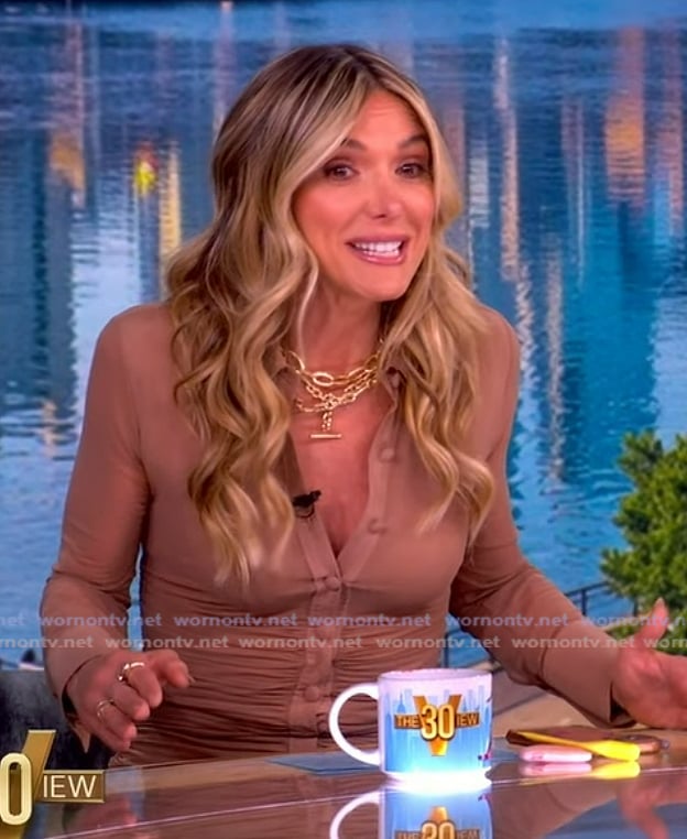Debbie Matenopoulos’s beige ruched dress on The View Debbie Matenopoulos’s beige ruched dress on The View