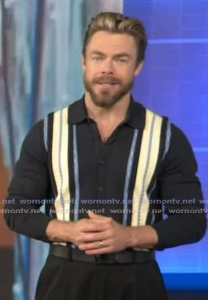 Derek Hough’s blue striped shirt on Extra