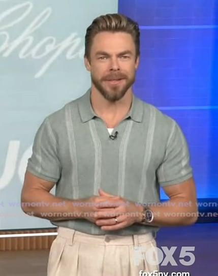 Derek Hough’s green stripe polo on Extra