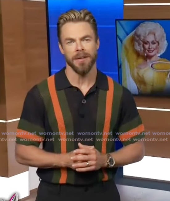 Derek Hough’s striped polo shirt on Extra