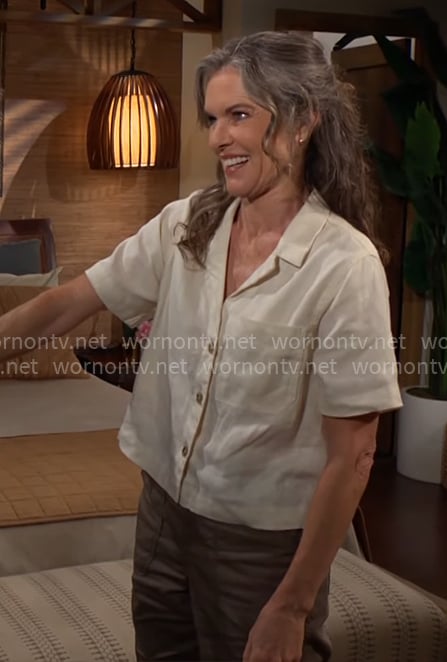 Diane's cream linen button front top on The Young and the Restless